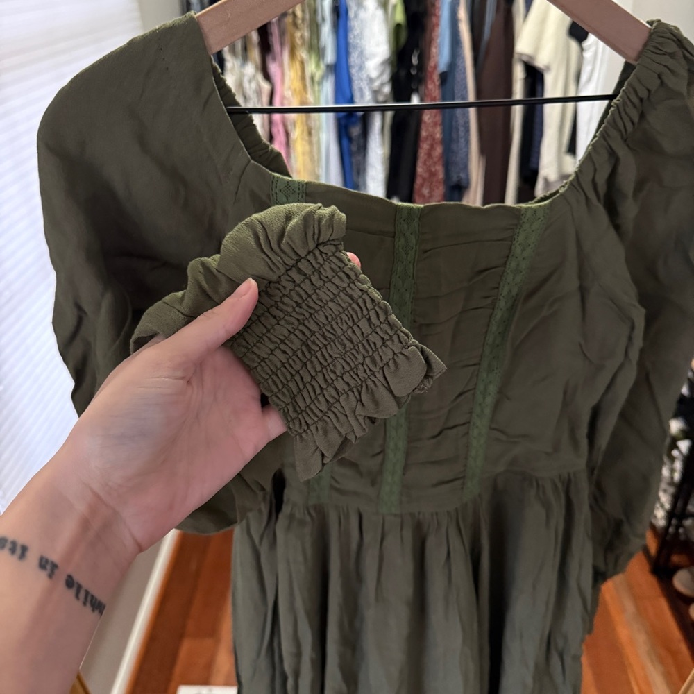 NWOT In Loom smocked olive colored maxi dress | Size: Small - Picture 4 of 8